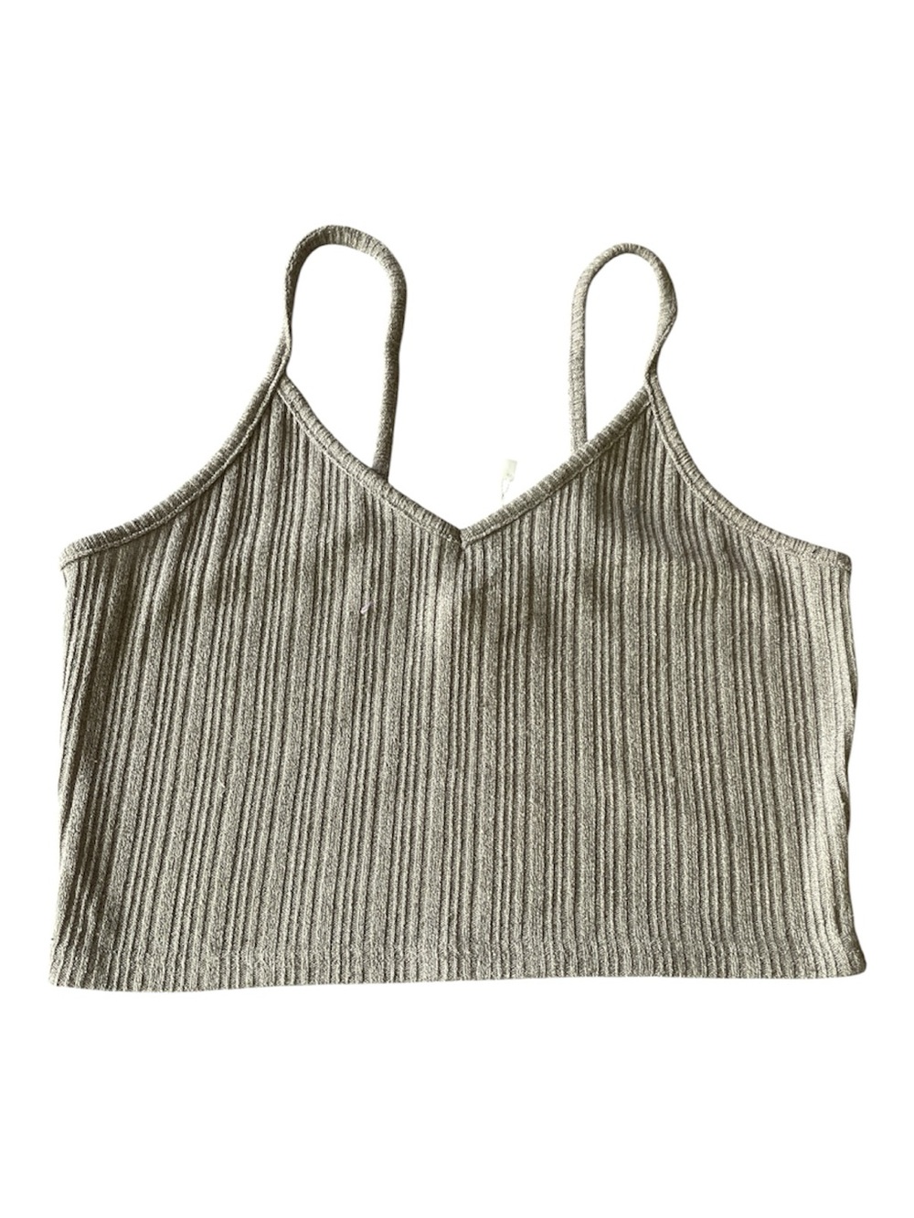 •ROMWE Ribbed V-Neck Spaghetti Strap Crop Top - Olive Green